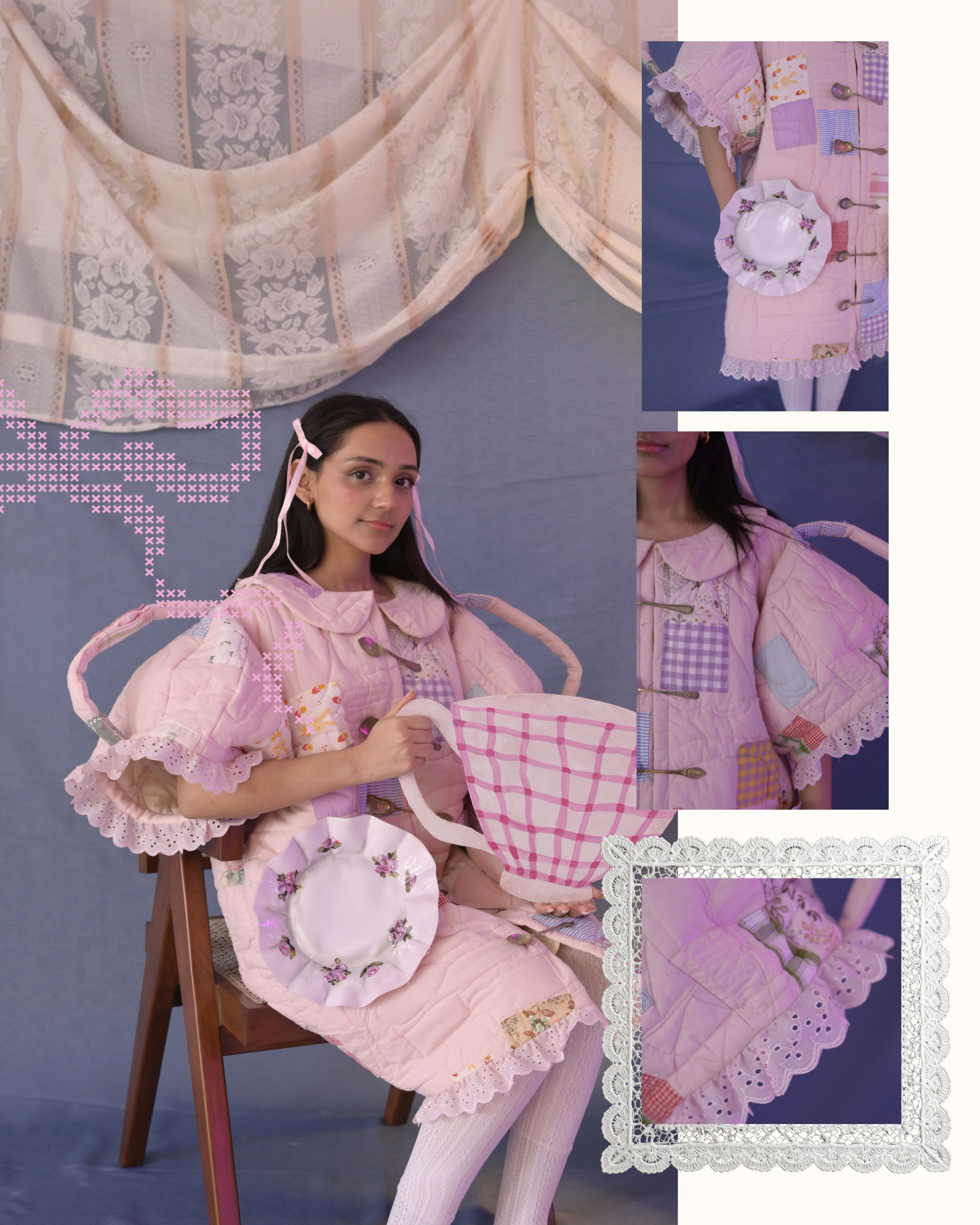 Final Thesis — pink quilted dress on model seated