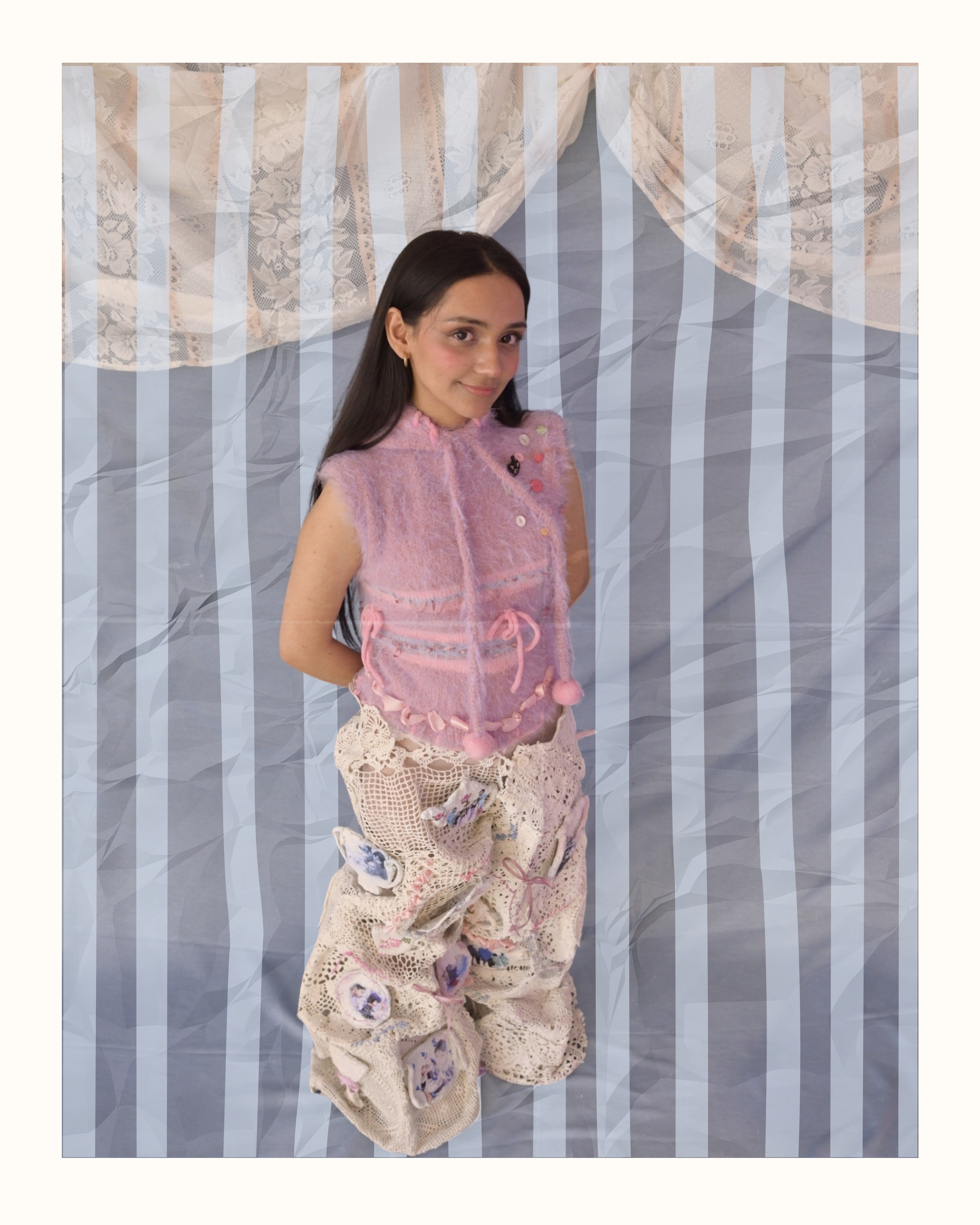 Final Thesis — model in front of blue-white striped backdrop